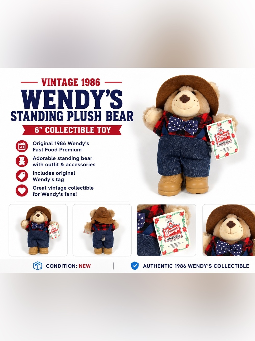 WENDYS Vintage 1986 Standing Plush Bear - Brown & Blue
